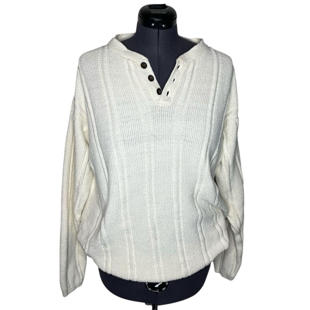 Vintage Structure Ivory Cream Textured Knit Oversized Henley Sweater Grandpacore